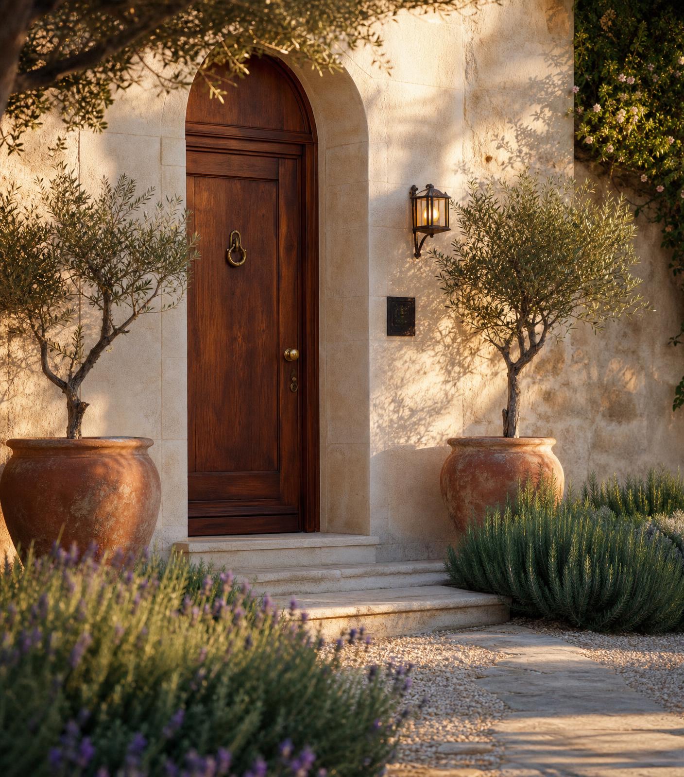 A beautiful private home entrance at golden hour, with a wooden door, olive trees and soft garden light.