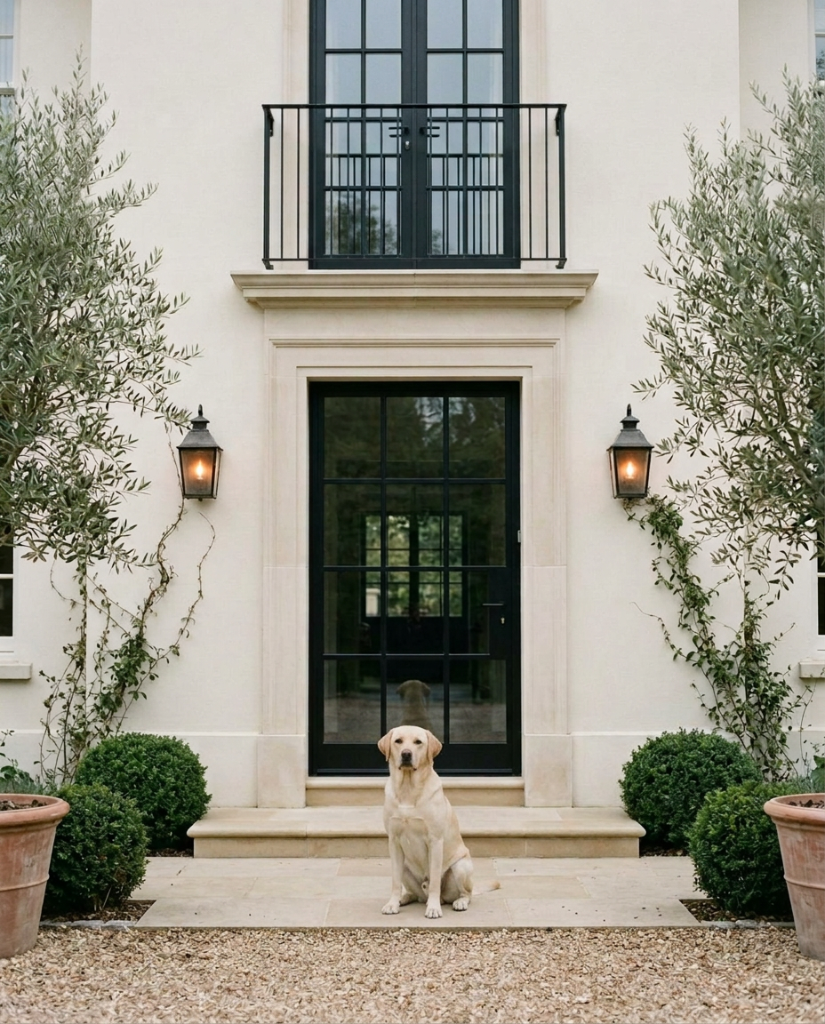The entrance of a cream house with a black-framed glass front door, lit lanterns, olive trees and a pale golden Labrador sitting on the stone step.