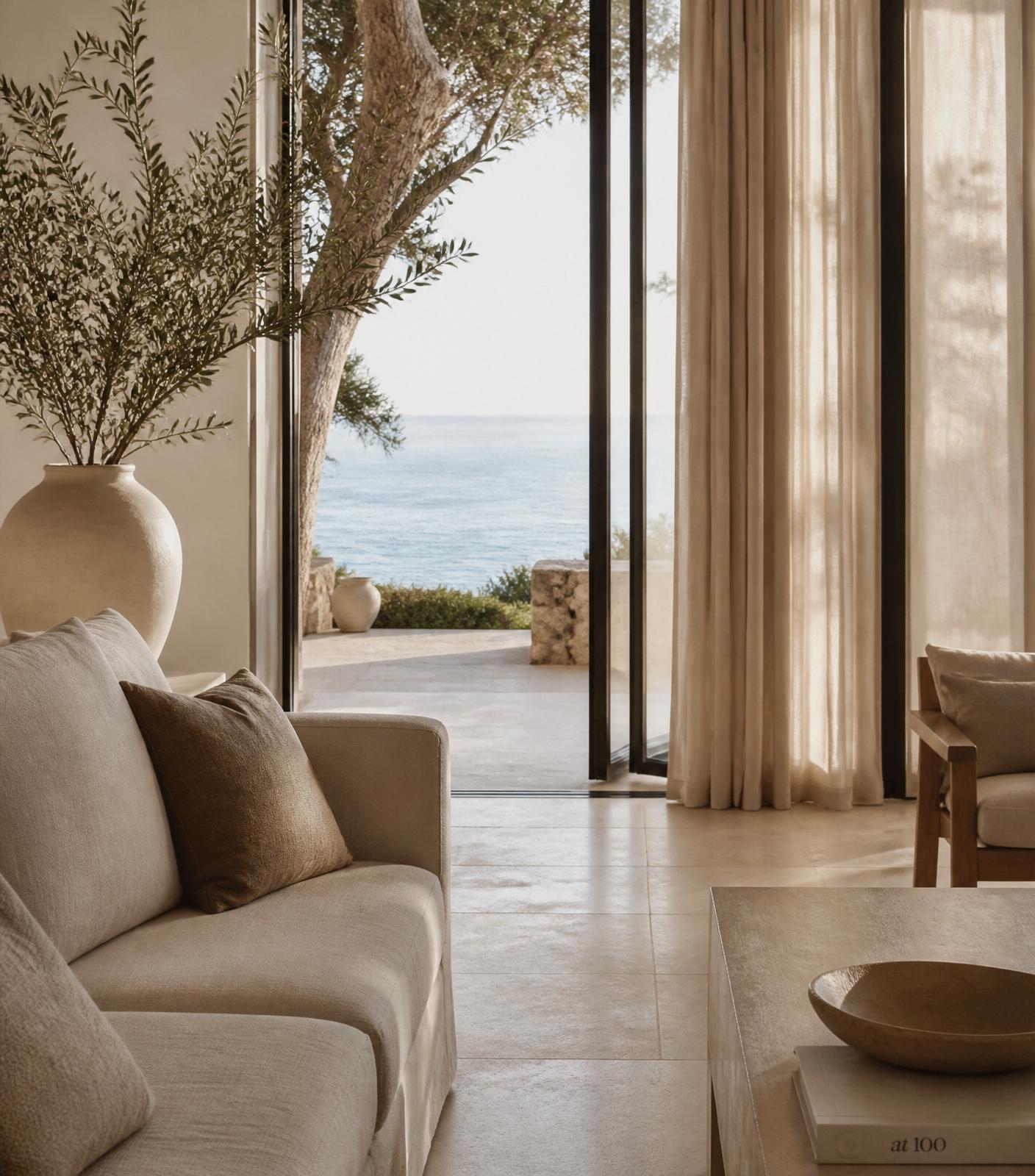 A serene coastal interior with linen sofa and olive branches, opening onto the sea.