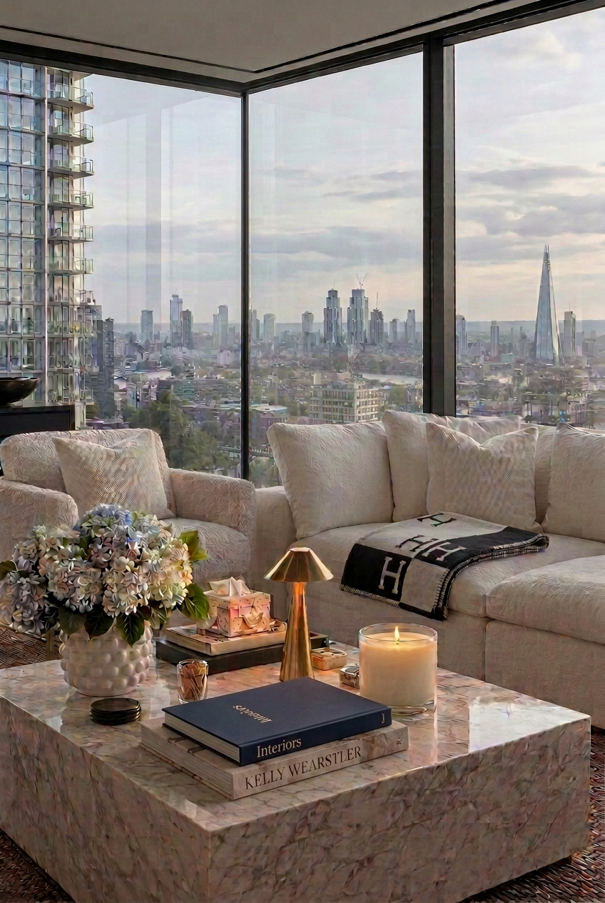 A penthouse living room in soft daylight with floor-to-ceiling windows looking onto the London skyline, a folded monogram throw on the cream sofa, and a marble coffee table with a navy Interiors book on top of a Kelly Wearstler art book and a white textured vase of large hydrangeas.