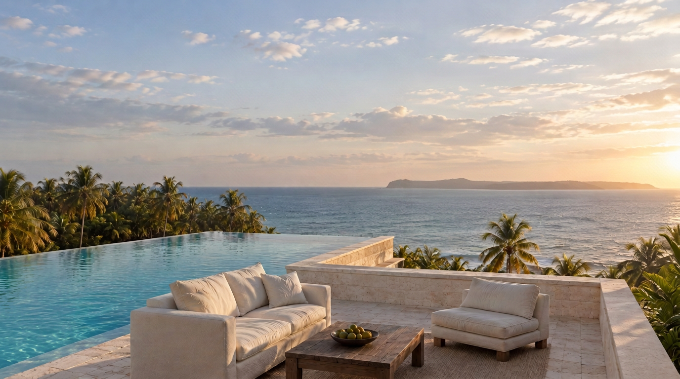 A tropical terrace with an infinity pool, cream sofas and palm trees, looking out over a calm sea to a distant island under a soft late-afternoon sky.